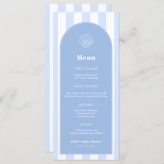 Eenvoudige Clam Shell Blauw En Wit Kust Bruiloft Menu (Voorkant / Achterkant)