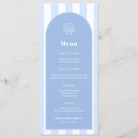 Eenvoudige Clam Shell Blauwe en Witte Kust Bruilof Menu (Voorkant)