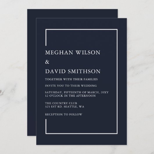 Eenvoudige Classy Elegant Navy Modern Wedding Kaart (Voorkant / Achterkant)