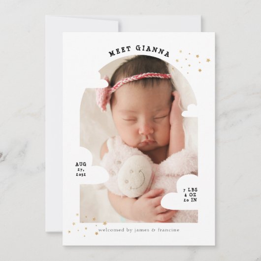 Eenvoudige Cloud Arch Fotocollage Dank u Geboorte Aankondiging (Voorkant)