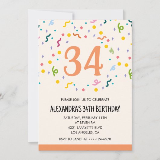 Eenvoudige confetti 34e verjaardagsuitnodigingen m kaart (Voorkant)