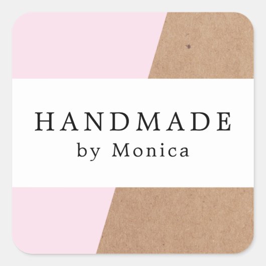 Eenvoudige Cool Roos Kraft White Stripe Handgemaak Vierkante Sticker (Voorkant)