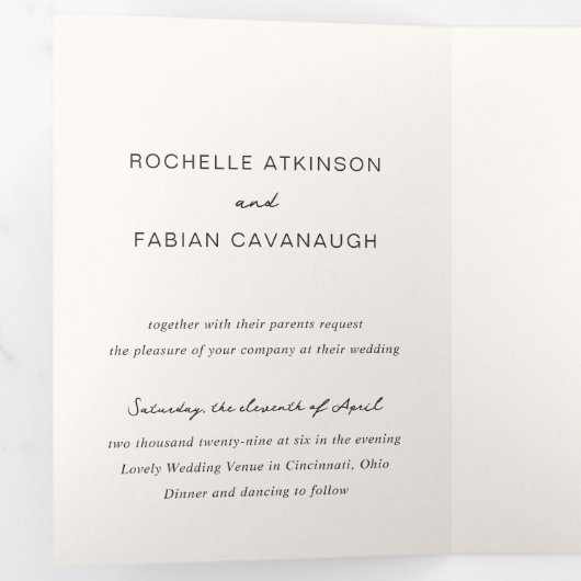 Eenvoudige Cream Foto Elegante bruiloft Drieluik Uitnodiging (Binnenzijde eerst)