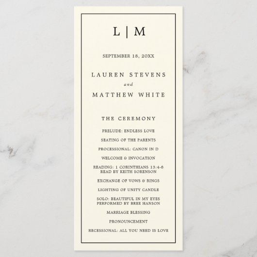 Eenvoudige Cream Monogram Elegante bruiloft Programmakaart (Voorkant)