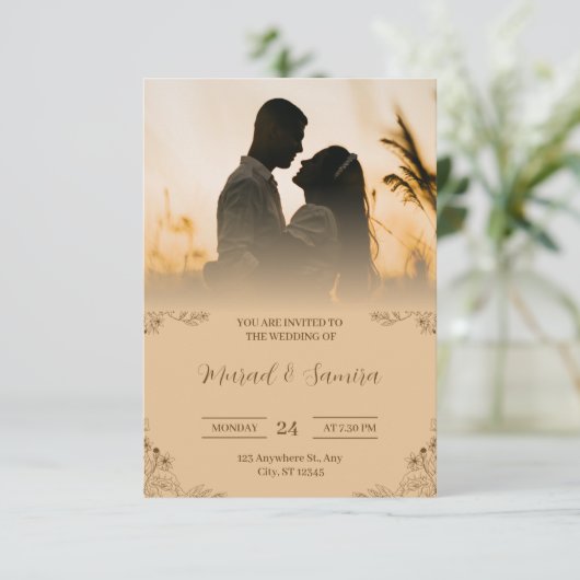 Eenvoudige crème en bruine bruiloft uitnodiging (Staand voorkant)