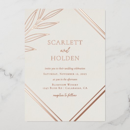 Eenvoudige Crème en Roos Gold Leaf Bruiloft Folie Uitnodiging (Voorkant)