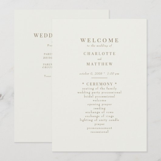 Eenvoudige Crème Gouden Tekst Trouwprogramma Kaart (Voorkant / Achterkant)