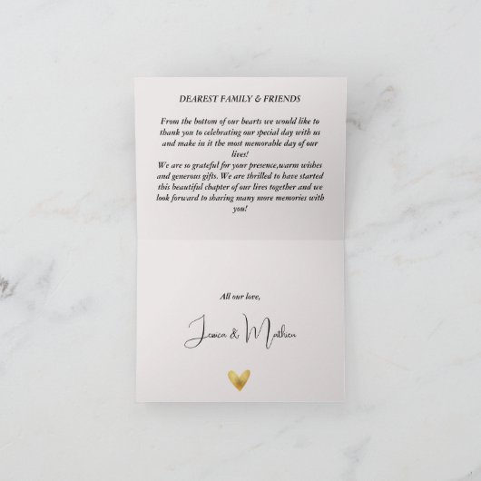 Eenvoudige crèmekleurige trouwkaart met gouden har bedankkaart (Binnen)