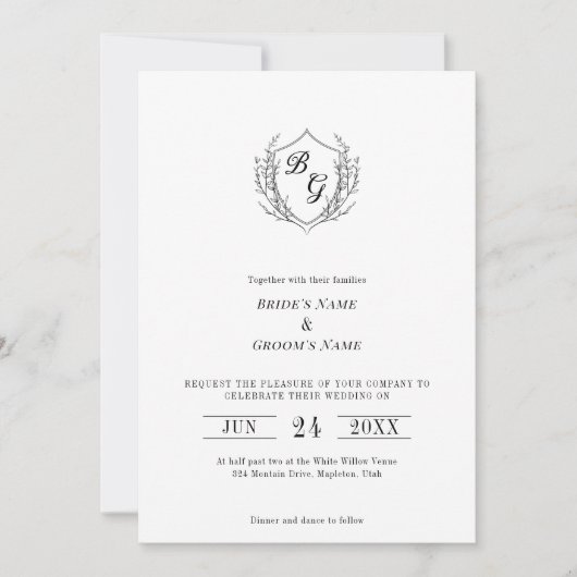 Eenvoudige  Crest monogram huwelijksuitnodiging (Voorkant)