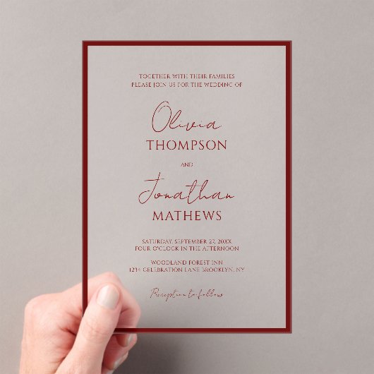 Eenvoudige Crimson Red Border Script bruiloft Acryl Uitnodigingen (Insitu (Draagbaar))