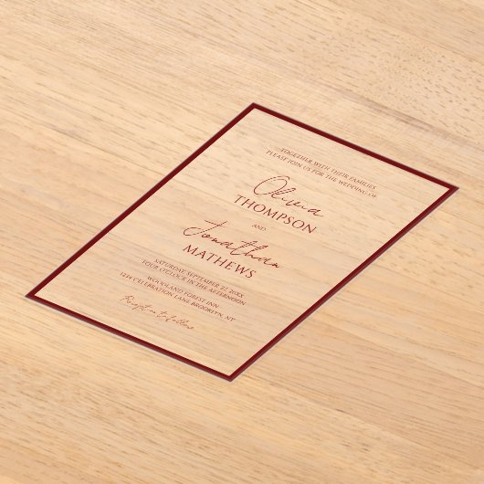 Eenvoudige Crimson Red Border Script bruiloft Acryl Uitnodigingen (Laagn)