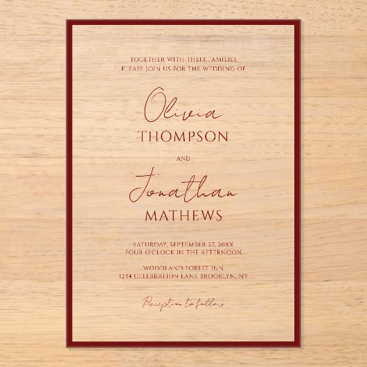 Eenvoudige Crimson Red Border Script bruiloft Acryl Uitnodigingen (Voorkant)