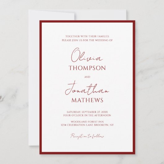 Eenvoudige Crimson Red Border Script Foto bruiloft Kaart (Voorkant)