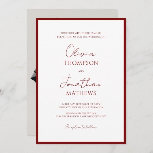 Eenvoudige Crimson Red Border Script Foto bruiloft Kaart (Voorkant / Achterkant)