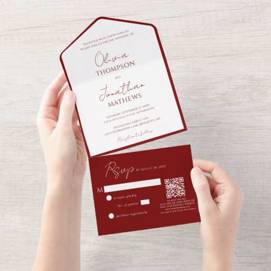Eenvoudige Crimson Red Border Script QR Code Weddi All In One Uitnodiging (Afscheurbaar)
