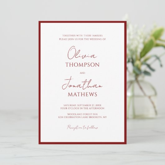 Eenvoudige Crimson Red Border Script QR Code Weddi Kaart (Staand voorkant)