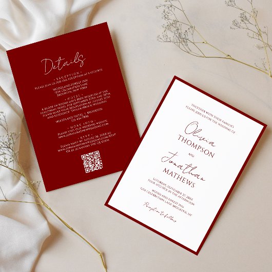 Eenvoudige Crimson Red Border Script QR Code Weddi Kaart