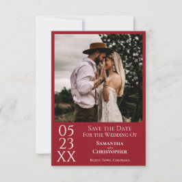 Eenvoudige Crimson Red Modern Minimal Photo Weddin Save The Date