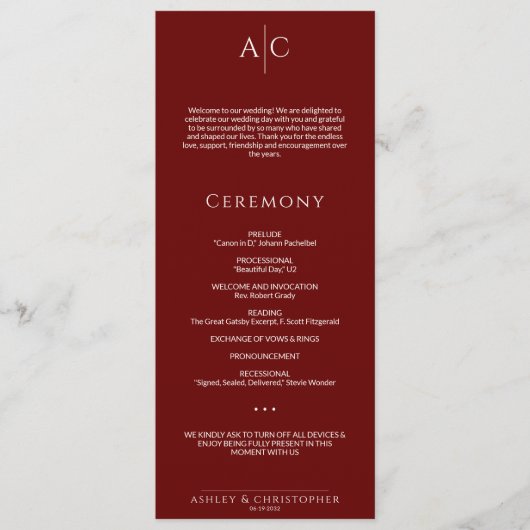 Eenvoudige Crimson Red Monogram huwelijksceremonie Programmakaart (Voorkant)