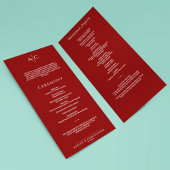 Eenvoudige Crimson Red Monogram huwelijksceremonie Programmakaart