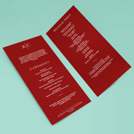 Eenvoudige Crimson Red Monogram huwelijksceremonie Programmakaart