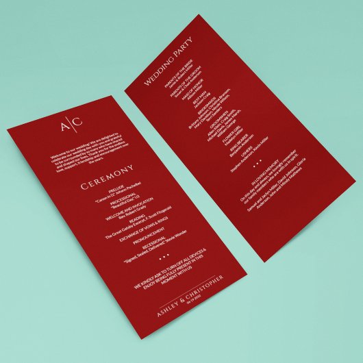 Eenvoudige Crimson Red Monogram huwelijksceremonie Programmakaart
