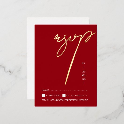 Eenvoudige Crimson Red Script bruiloft RSVP Gold Folie Uitnodiging Briefkaart (Voorkant / Achterkant)