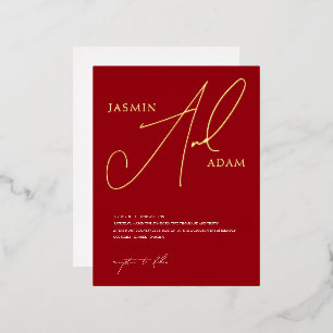 Eenvoudige Crimson Red Script Wedding Gold Folie Uitnodiging Briefkaart