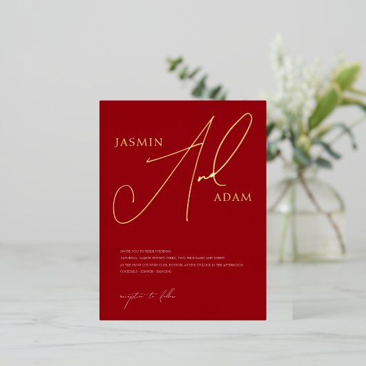 Eenvoudige Crimson Red Script Wedding Gold Folie Uitnodiging Briefkaart (Staand Voorkant)