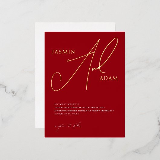 Eenvoudige Crimson Red Script Wedding Gold Folie Uitnodiging Briefkaart (Voorkant / Achterkant)