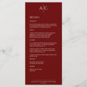 Eenvoudige Crimson Rode Monogram Bruiloft Receptie Menu (Voorkant)
