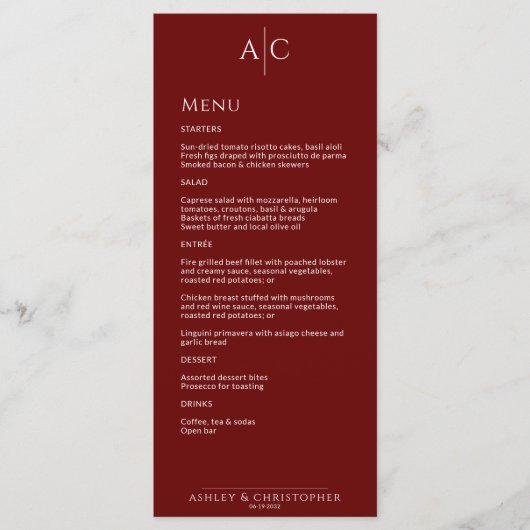 Eenvoudige Crimson Rode Monogram Bruiloft Receptie Menu (Voorkant)