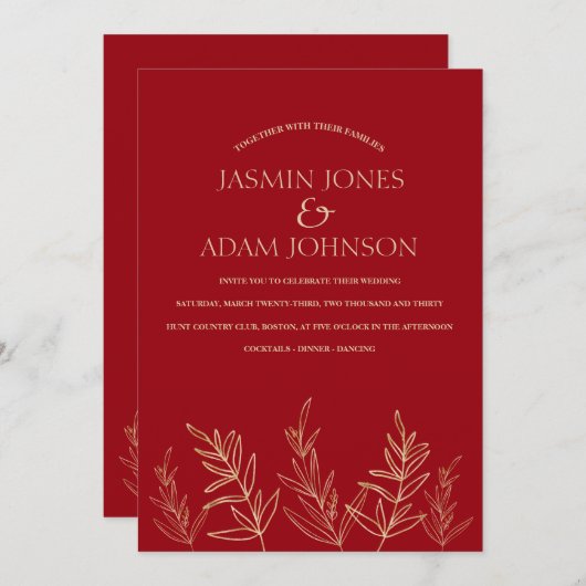 Eenvoudige Crimson rood goud bladeren bruiloft Kaart (Voorkant / Achterkant)