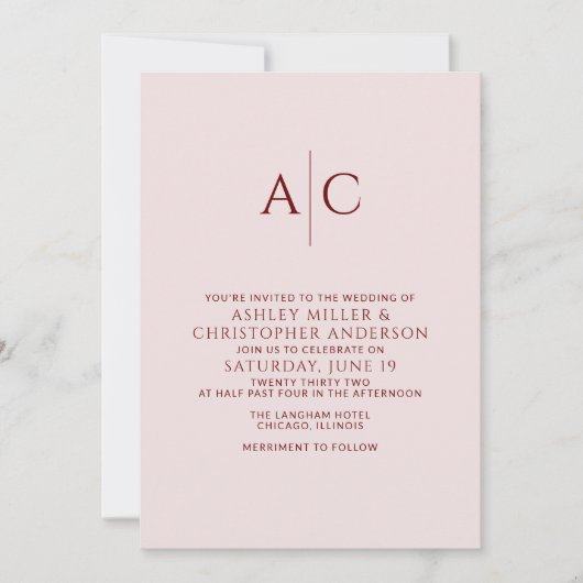 Eenvoudige Crimson Rood & Roos Monogram Bruiloft Kaart (Voorkant)