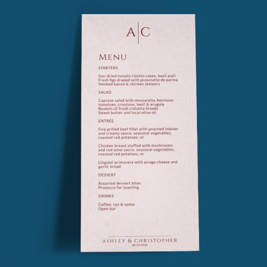 Eenvoudige Crimson & Roos Monogram Bruiloft Recept Menu