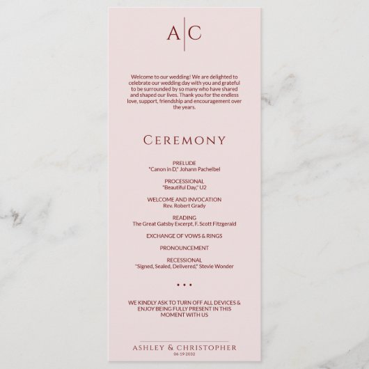 Eenvoudige Crimson & Roos Monogram huwelijksceremo Programmakaart (Voorkant)