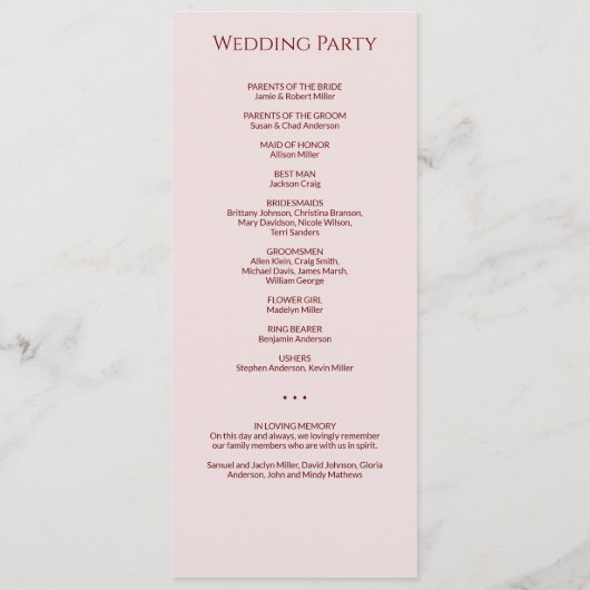 Eenvoudige Crimson & Roos Monogram huwelijksceremo Programmakaart (Achterkant)