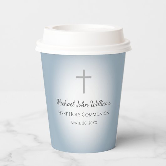 Eenvoudige Cross Blue Boys Eerste Communie Viering Papieren Bekers (Achterkant)