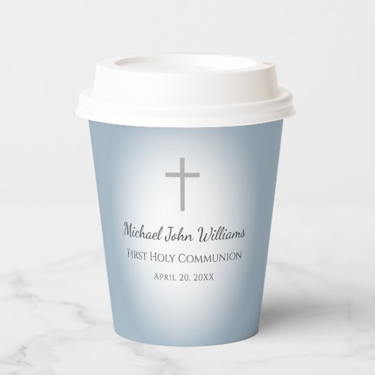 Eenvoudige Cross Blue Boys Eerste Communie Viering Papieren Bekers (Voorkant)