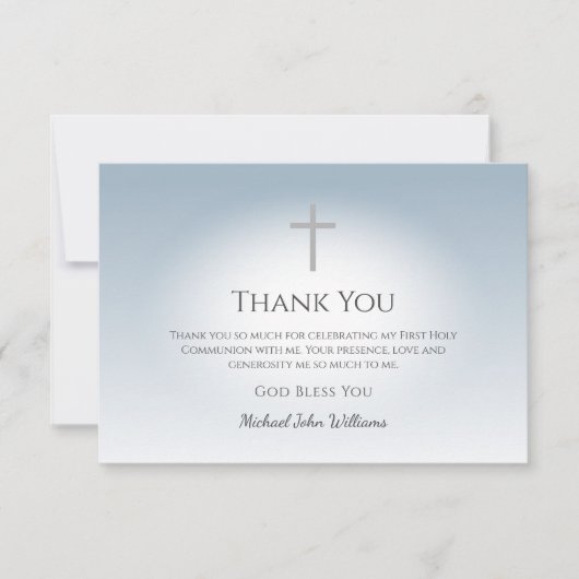 Eenvoudige Cross Boys Eerste Communie Dusty Blue Bedankkaart (Voorkant)