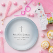 Eenvoudige Cross Boys Eerste Communie Viering Blau Papieren Bordje (Feest)