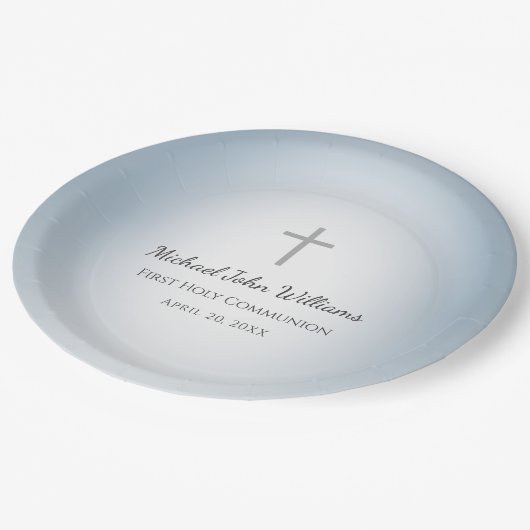 Eenvoudige Cross Boys Eerste Communie Viering Blau Papieren Bordje (Gekanteld)