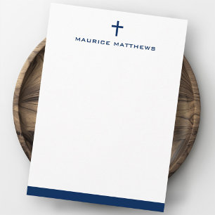Eenvoudige cross mannelijke naam donkerblauwe rand notitiekaartje