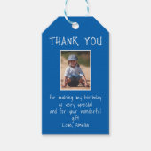 Eenvoudige Custom Blue Photo Kind Verjaardag Dank Cadeaulabel (Voorkant)