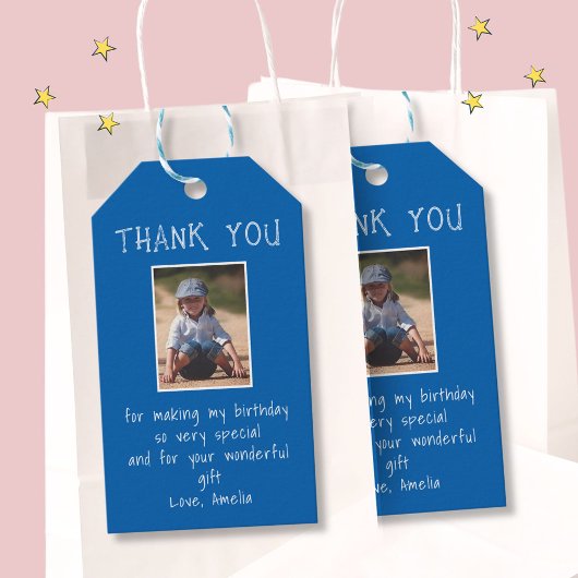 Eenvoudige Custom Blue Photo Kind Verjaardag Dank Cadeaulabel