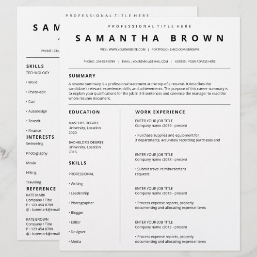 Eenvoudige cv-template moderne cv (Voorkant / Achterkant)