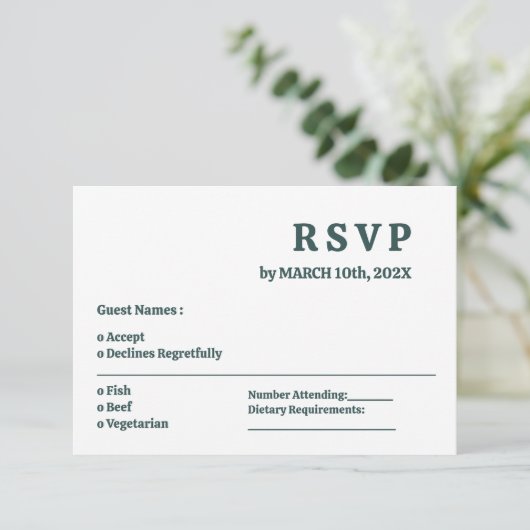 Eenvoudige Dark Slate Grey Minimal Wedding RSVP Ka (Staand voorkant)