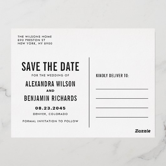 Eenvoudige datumtypografie Sla de datum-foto op Folie Uitnodiging Briefkaart (Achterkant)