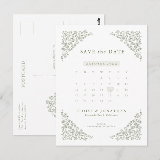 Eenvoudige Delicate Bloemenkalender Sla de datum o Briefkaart (Voorkant / Achterkant)