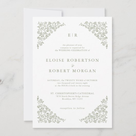Eenvoudige Delicate Floral QR code Sage Green Wedd Kaart (Voorkant)